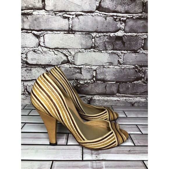 Marcello Toshi Gold Brown Stripe Fabric Peep Toe 5” High Heels Women Sz 6M US/37 - Picture 5 of 16